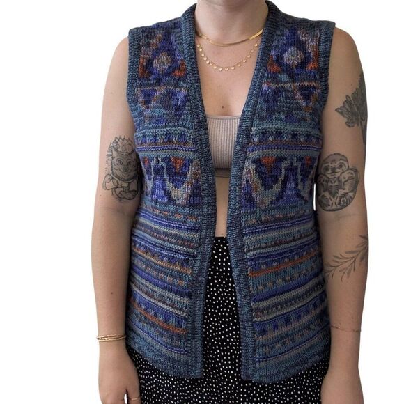 Vintage Manos Del Uruguay Hand Knit 100% Wool Purple Rainbow Sweater Vest sz M - Picture 3 of 7